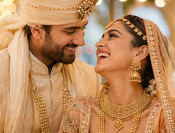 Bride sharing a precious moment with her mother, wearing gold bridal jewellery, Maheshwari Jewellers